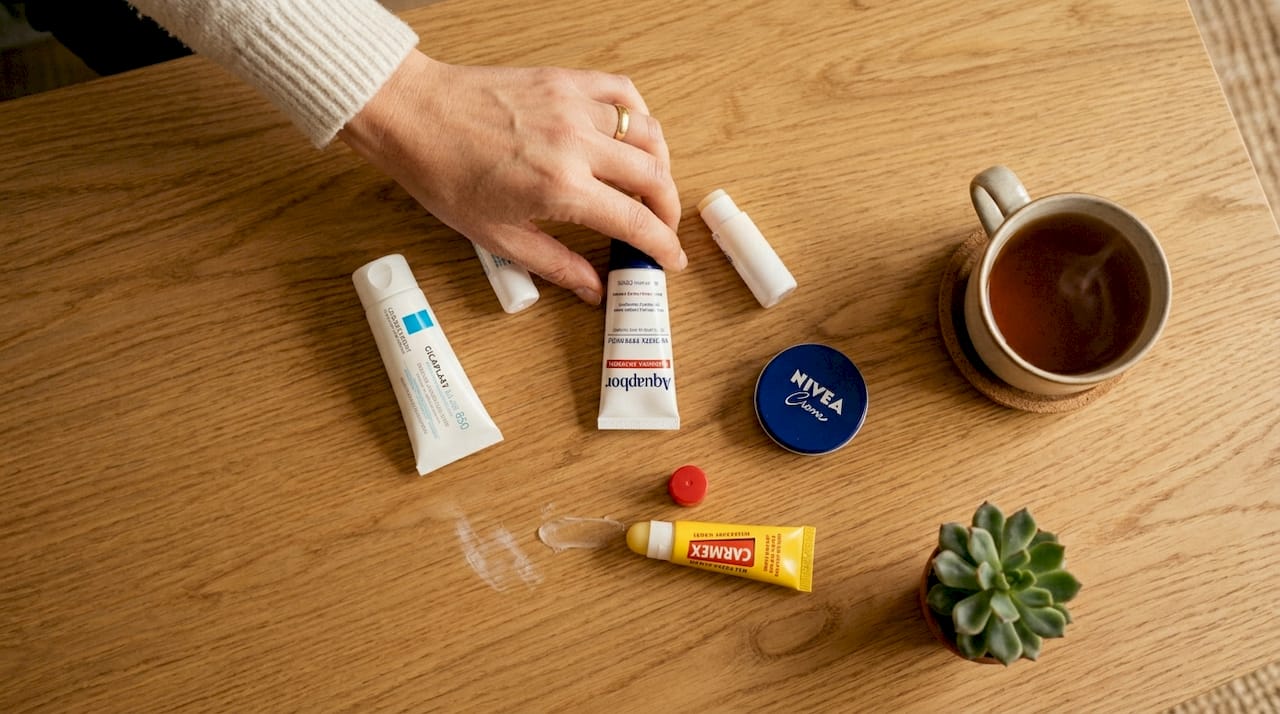 Una mano eligiendo entre diferentes bálsamos y cremas para labios