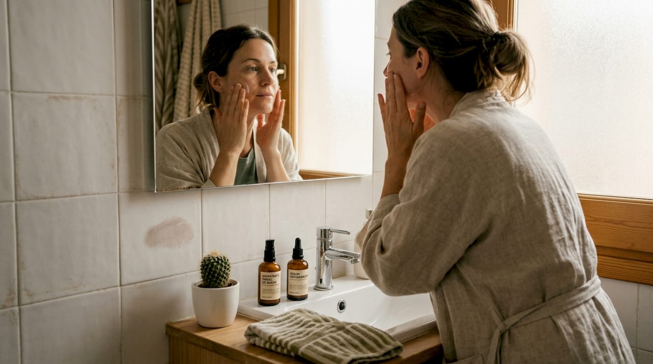 Mujer cuidando su rostro con una rutina suave de cuidado facial