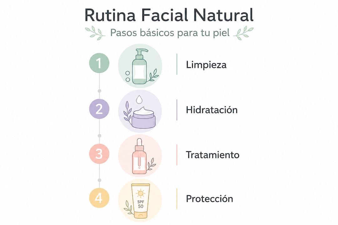 Guía visual para una rutina de cuidado facial natural en cuatro sencillos pasos