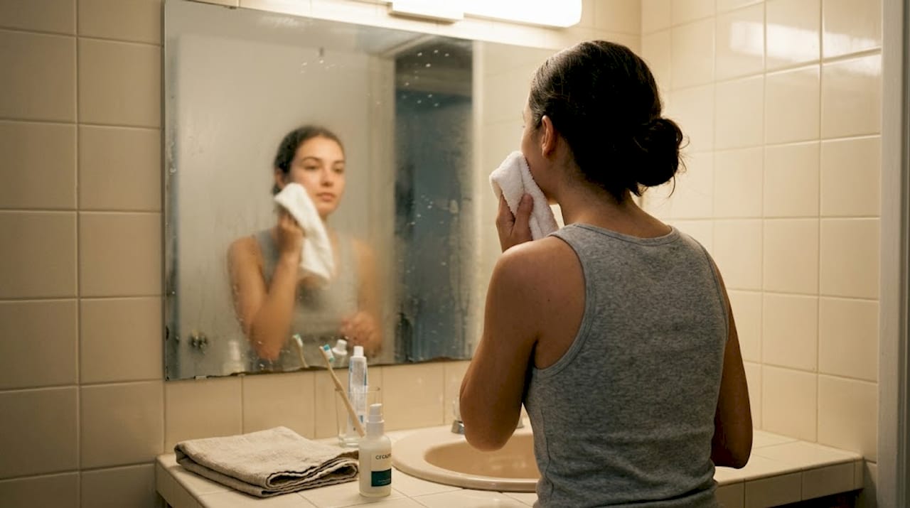Antes de depilarse, una mujer realiza una limpieza facial para preparar la piel.