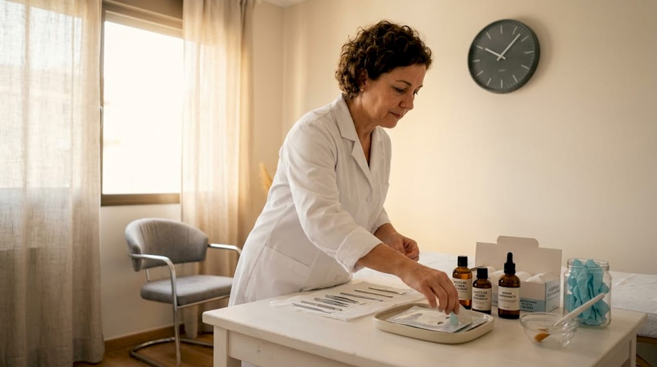 Profesional de estética organizando todo para una sesión de cuidado facial