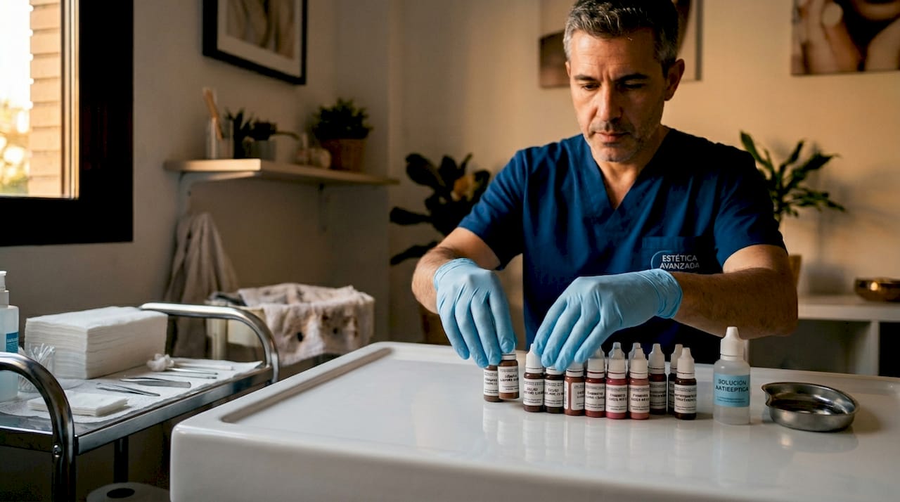 Especialista en estética facial preparando los frascos de pigmento