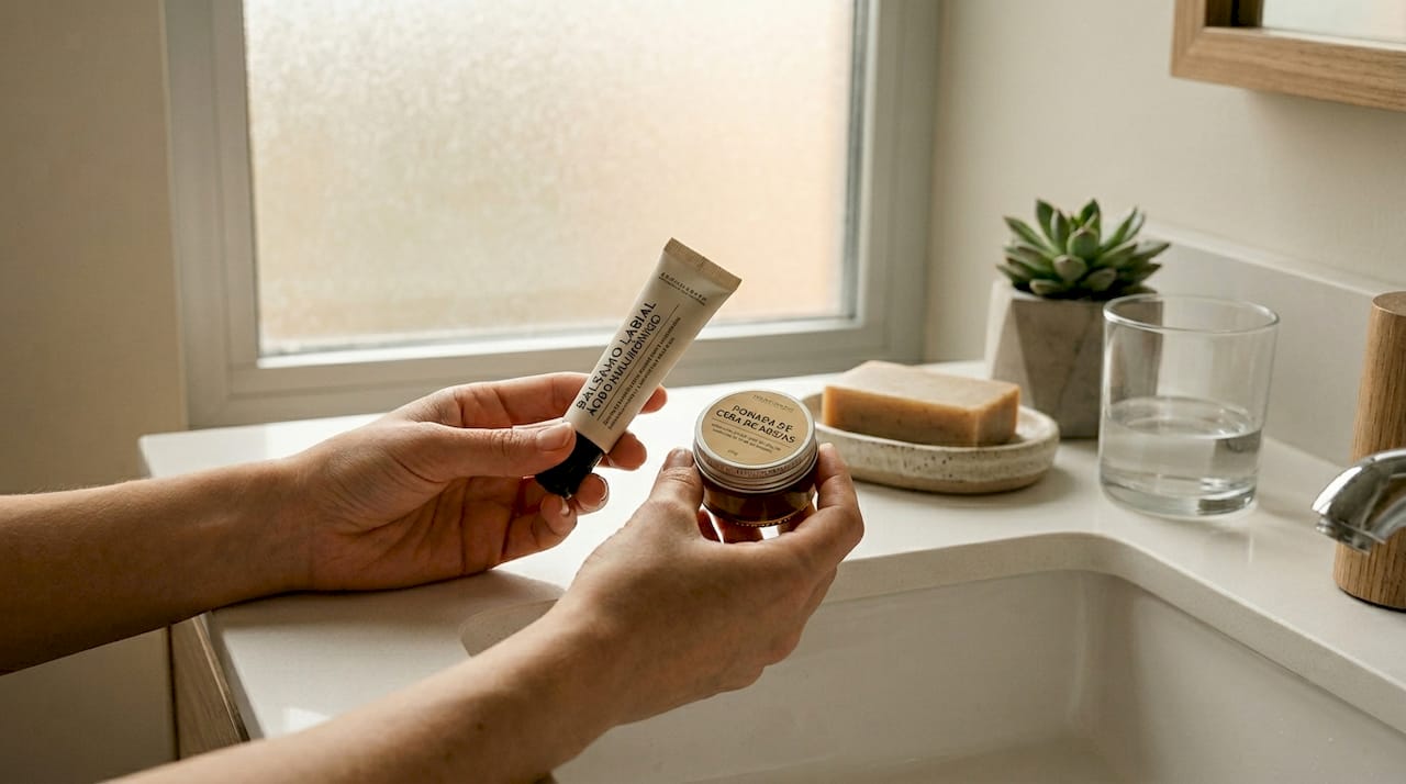 Unas manos sostienen productos para el cuidado de los labios en el baño.
