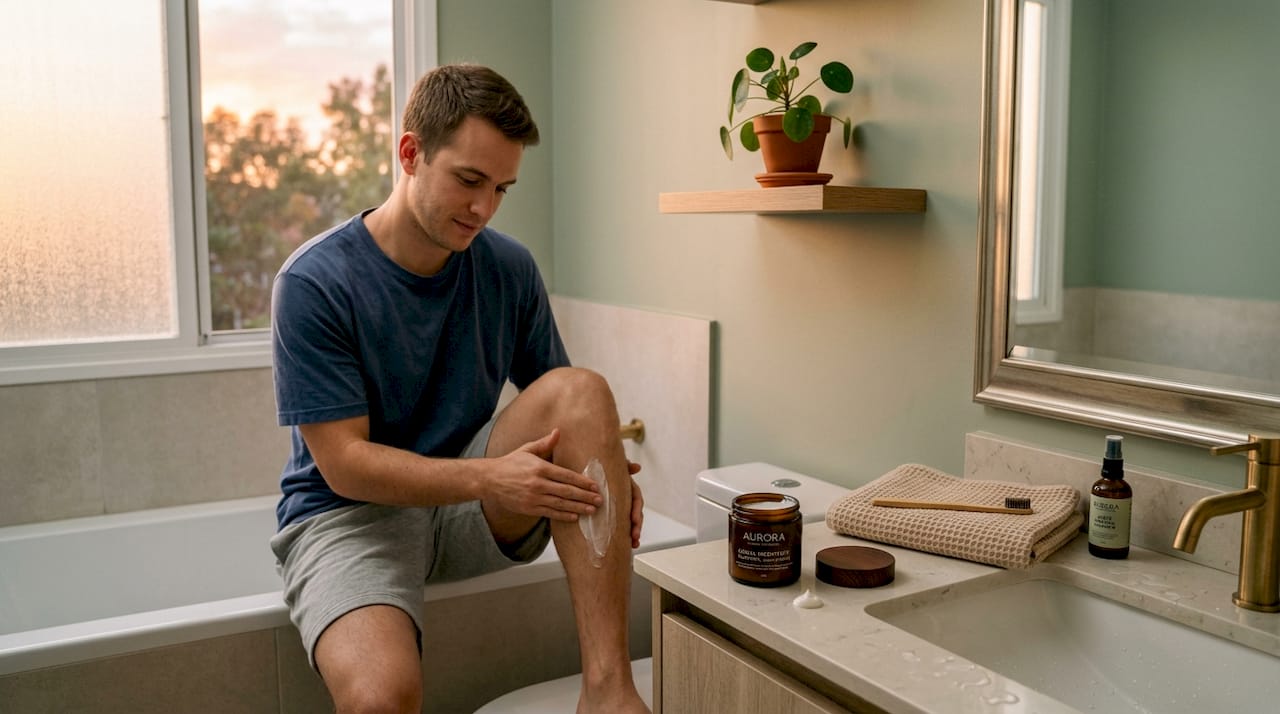 Hombre cuidando su piel después de la depilación en el baño, aplicando crema para calmar y proteger.