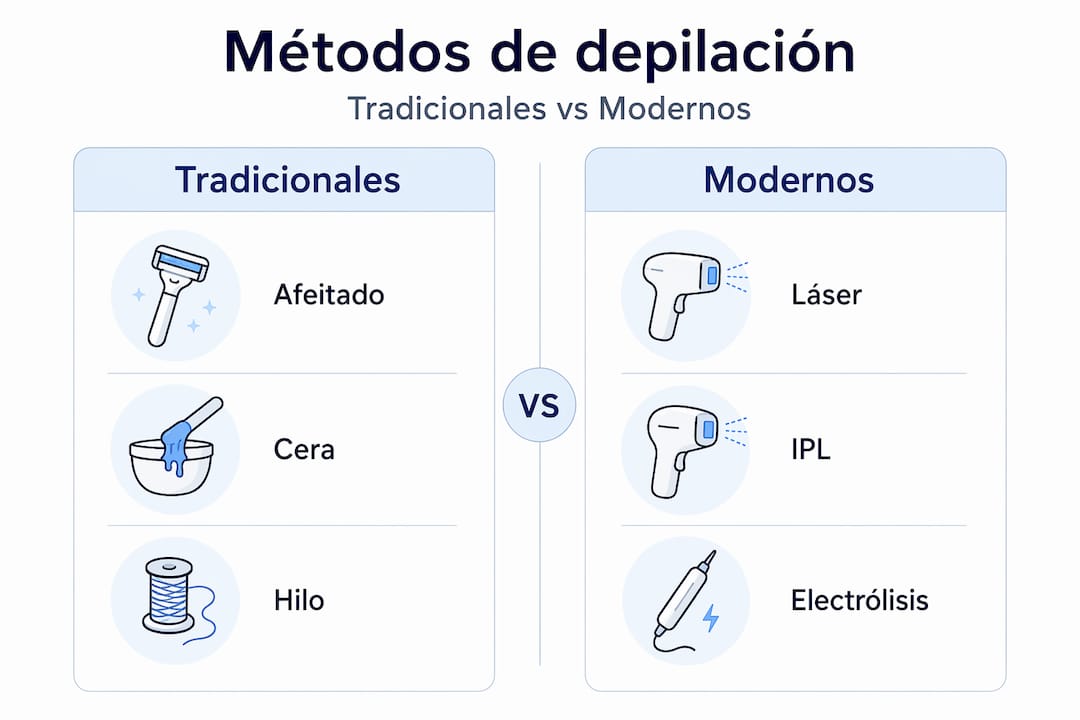 Infografía que muestra las diferencias entre los métodos clásicos y las técnicas más actuales para eliminar el vello corporal.