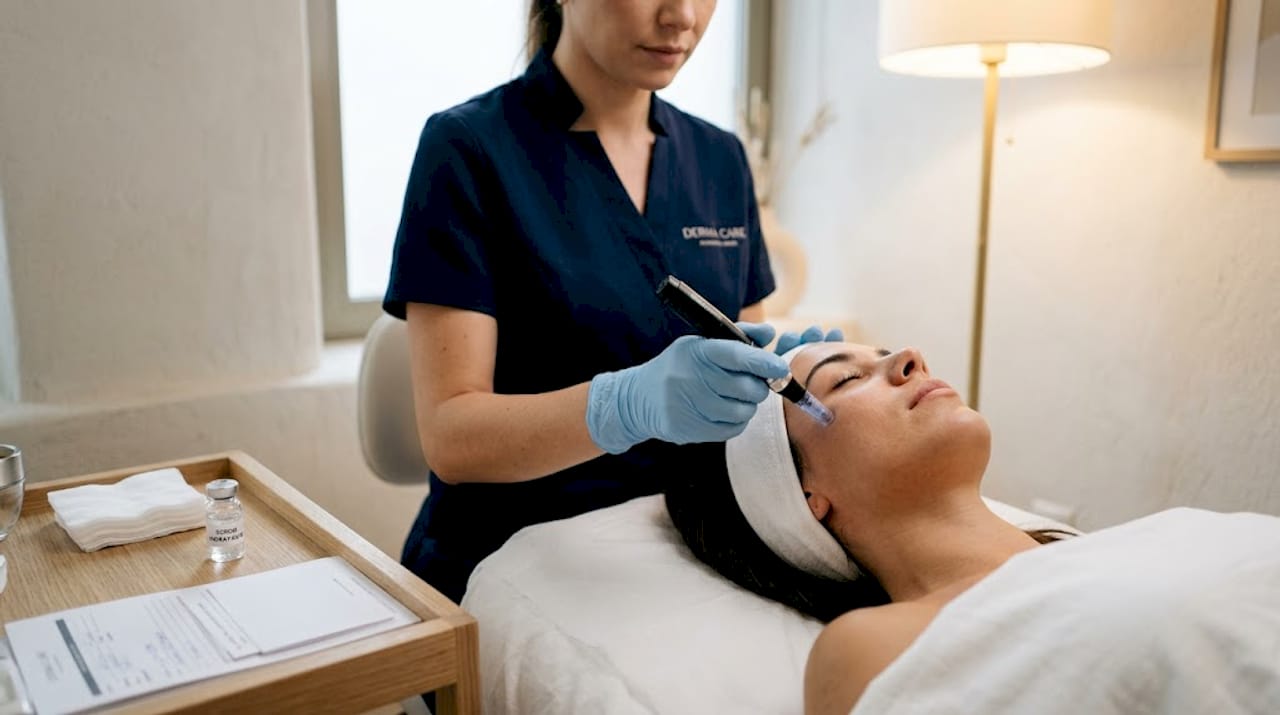 Aplicación de microagujas en un tratamiento facial, realizada cuidadosamente con las manos.