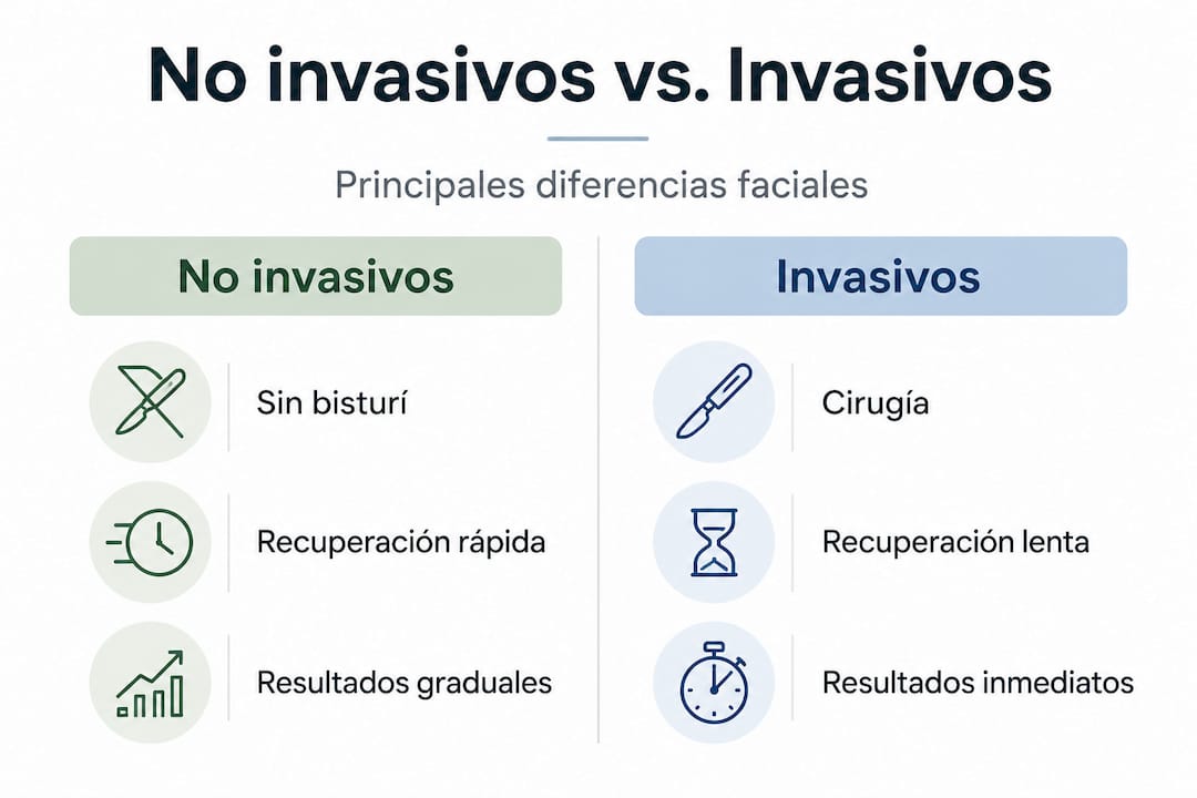 Infografía comparativa: tratamientos faciales invasivos vs. no invasivos