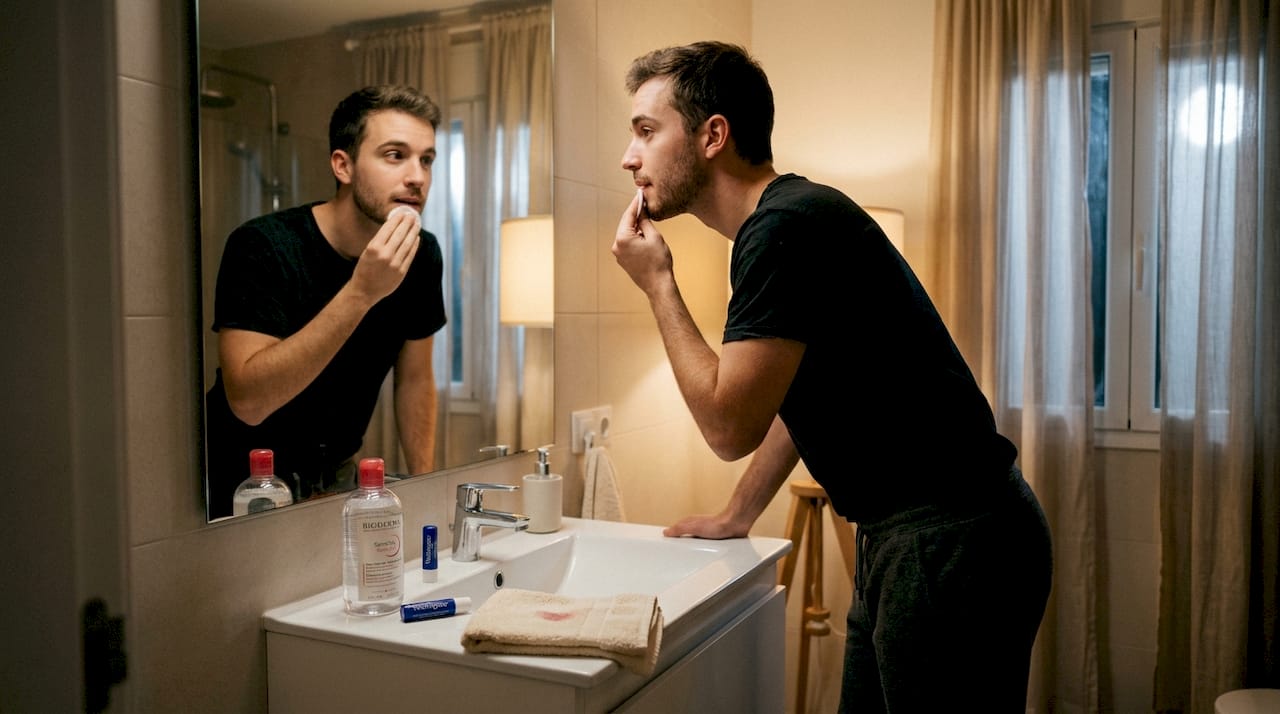 Un hombre se limpia los labios como parte de su rutina nocturna de cuidado personal en el baño.