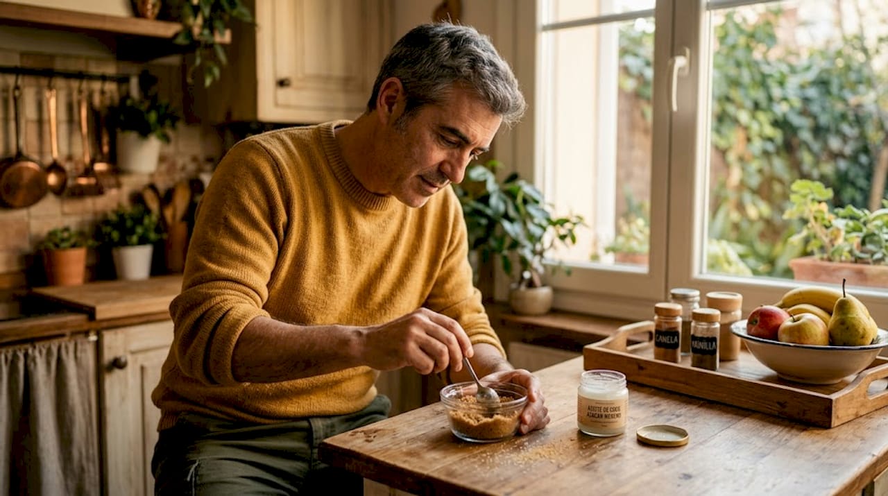 Un hombre elabora un exfoliante labial casero con ingredientes naturales en su cocina.
