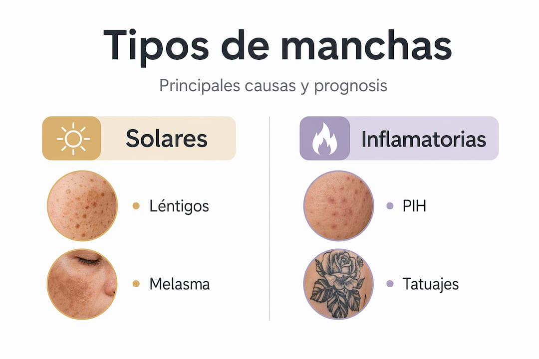 Infografía que muestra las diferencias entre los tipos más comunes de manchas en la piel