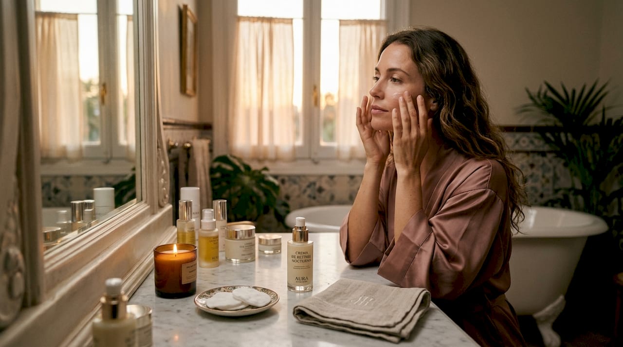 Mujer aplicándose crema con retinol frente al espejo de su tocador.
