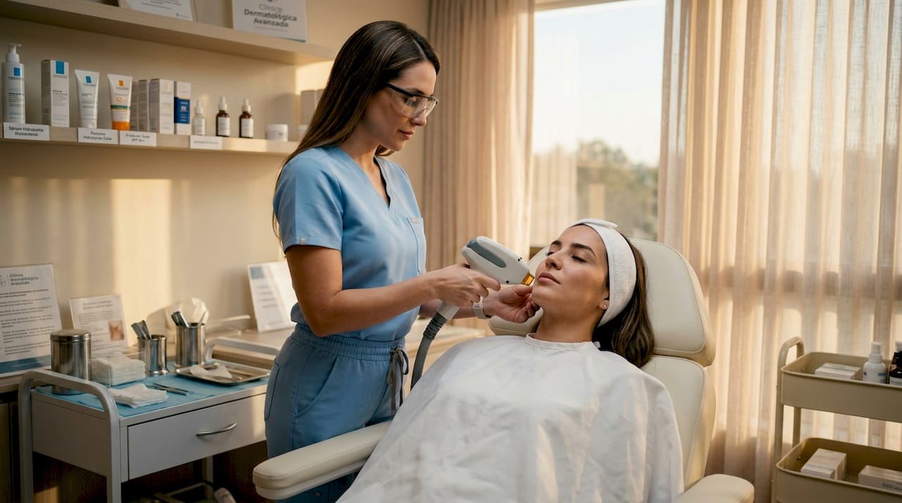 Especialista en estética realizando un tratamiento facial con láser de diodo