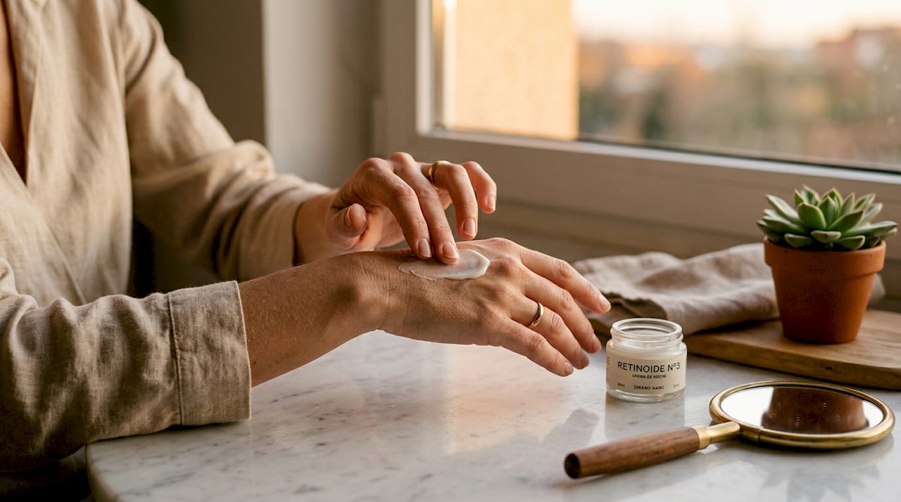 Detalle de una mano aplicando crema con retinoides, mostrando la textura del producto