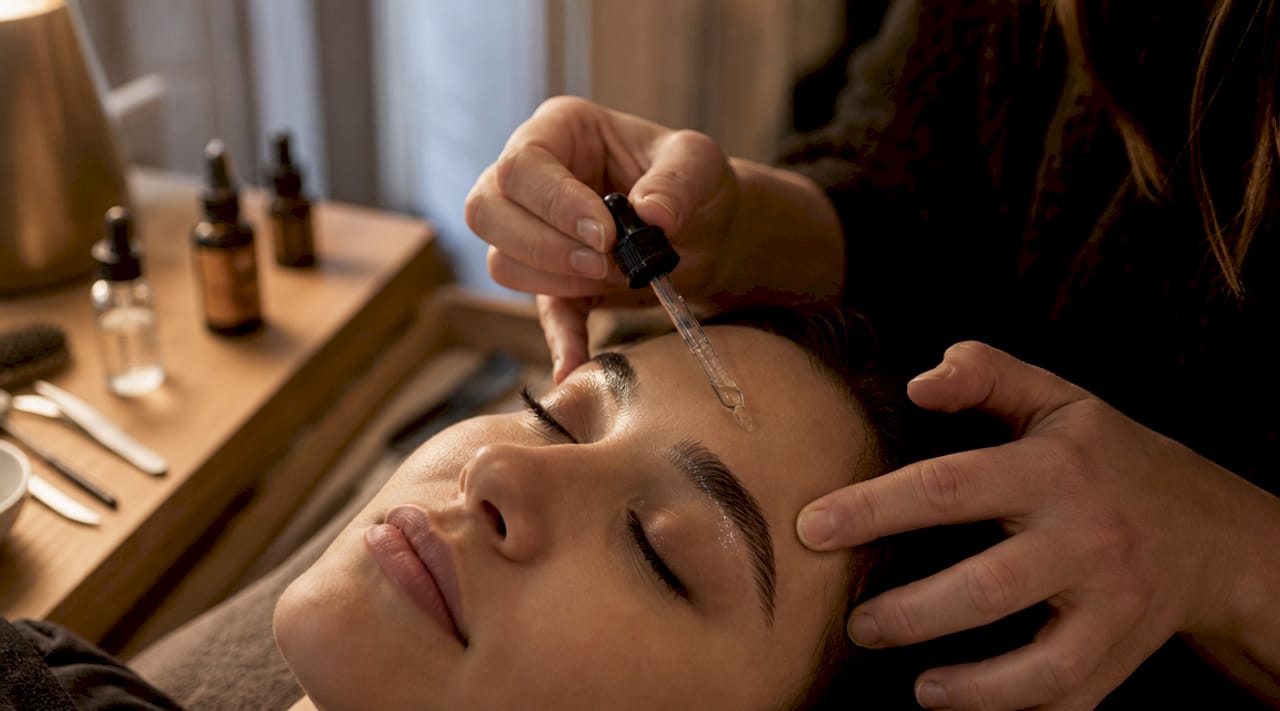 Aplicación de sérum en las cejas con las manos
