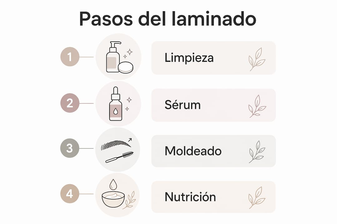 Infografía con el paso a paso para lograr un laminado de cejas perfecto