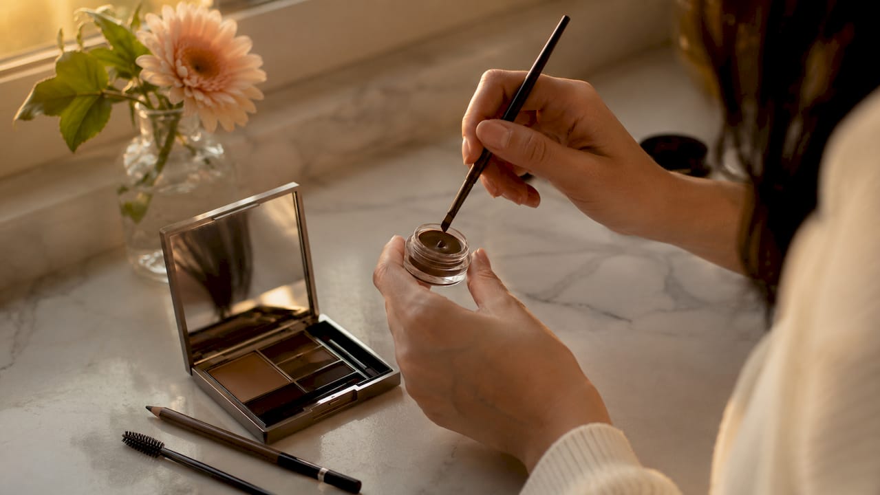 Manos arreglando las cejas con maquillaje para el día a día