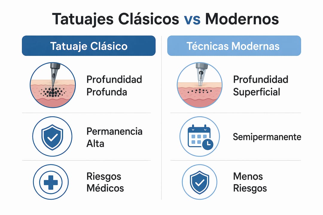 Infografía que muestra las diferencias entre el tatuaje de cejas tradicional y las técnicas modernas