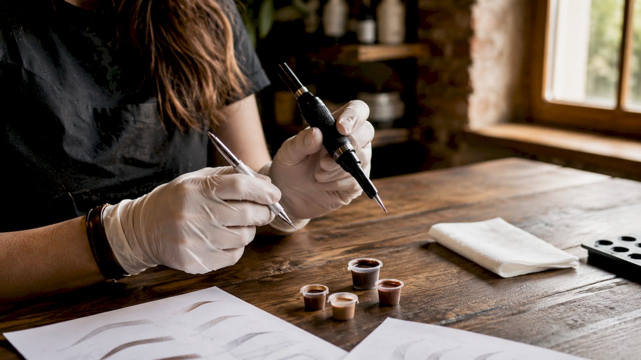 Manos trabajando con herramientas de microblading y técnicas hairstroke