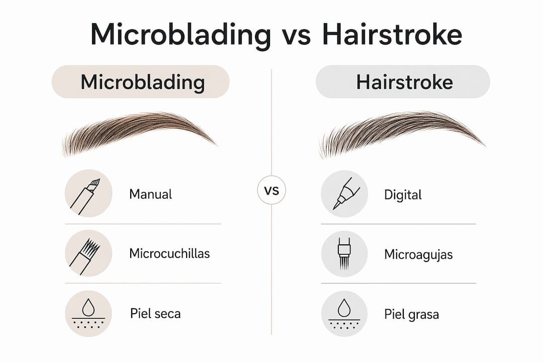 Infografía sobre las diferencias entre microblading y técnica hairstroke