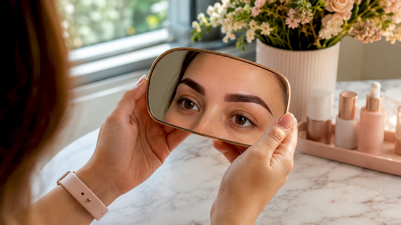 Unas manos sujetan un espejo donde se aprecian unas cejas perfectamente micropigmentadas.