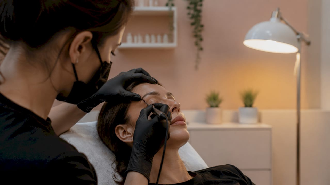 Aplicación de sombreado tipo polvo en las cejas, realizada cuidadosamente con las manos.