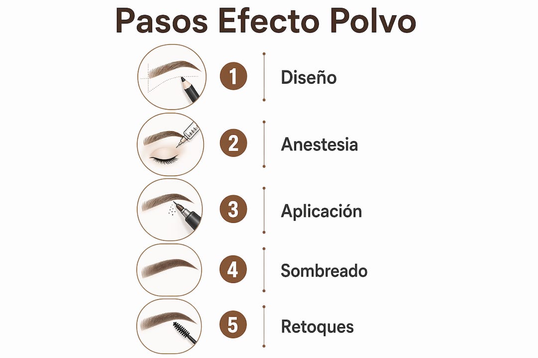 Infografía con los pasos clave para lograr el efecto polvo en las cejas