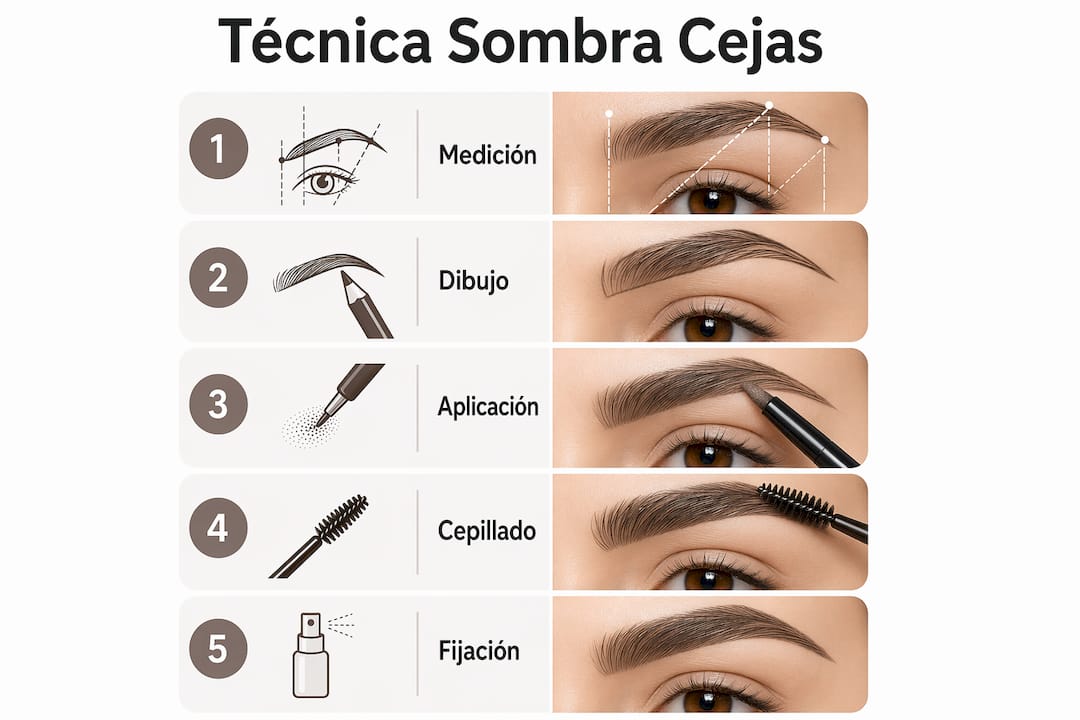 Guía visual con los pasos esenciales para aplicar sombra en las cejas