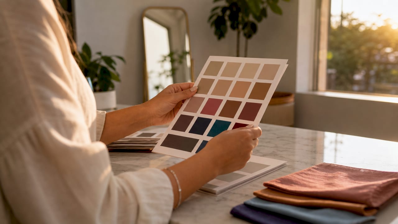 Manos revisando una paleta de colores para cejas