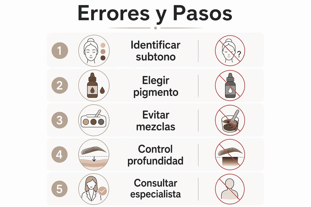 Infografía: guía práctica sobre los pasos y errores más comunes en la colorimetría de cejas, con indicadores clave para lograr resultados óptimos