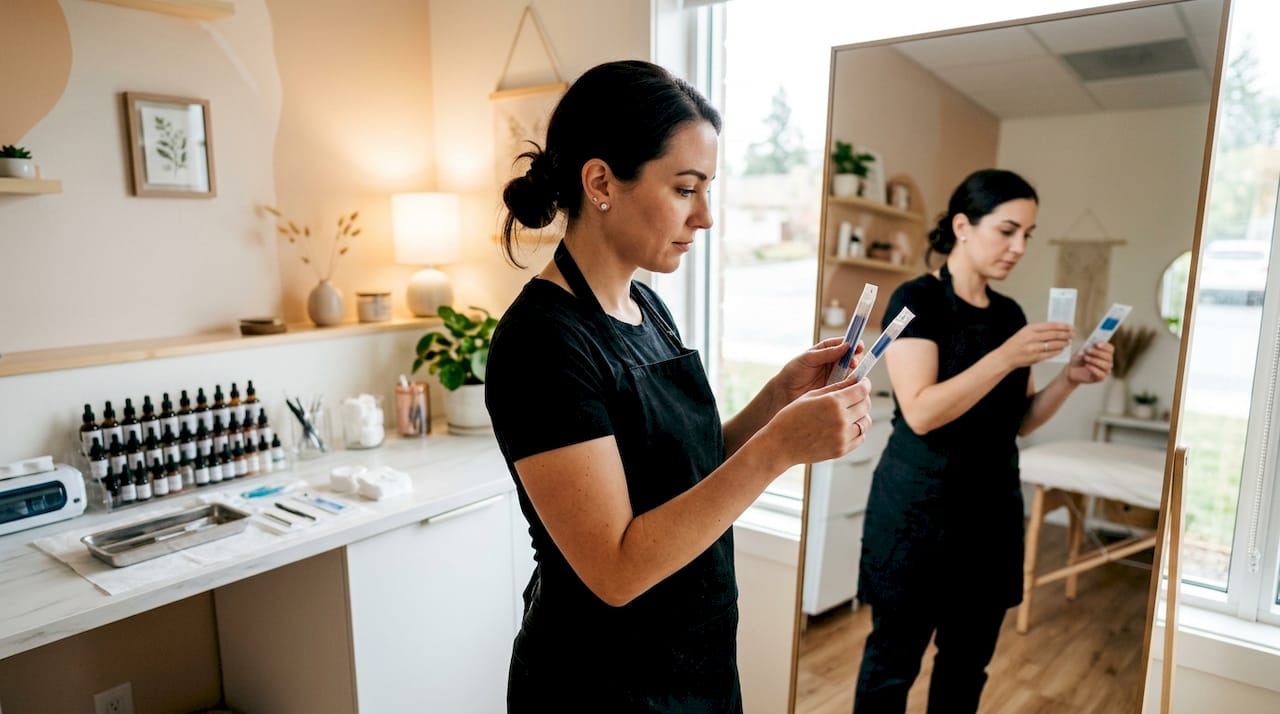 Especialista seleccionando agujas de microblading sobre la mesa