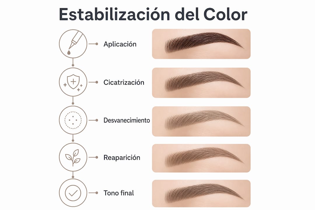 Infografía que muestra las diferentes fases por las que pasa el color de las cejas hasta lograr su tono definitivo