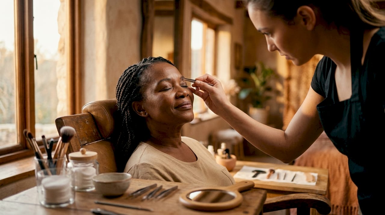 Mujer disfrutando de un diseño de cejas profesional en un centro de belleza