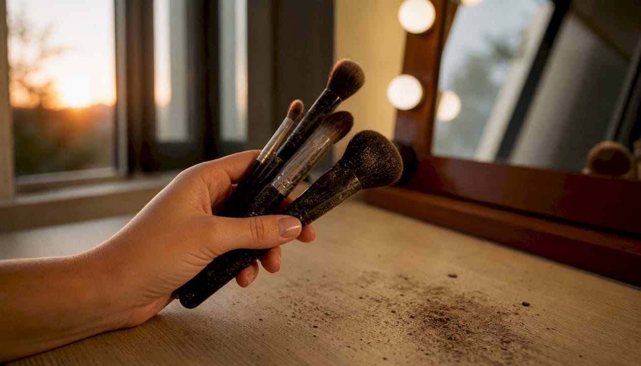 Una mano sujetando varios pinceles de maquillaje que ya han sido utilizados