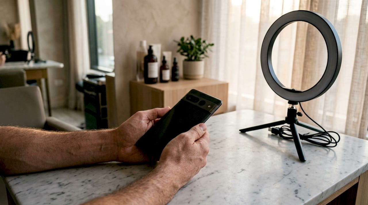 Manos sosteniendo un móvil y un aro de luz, listas para tomar una foto de cejas perfectas.