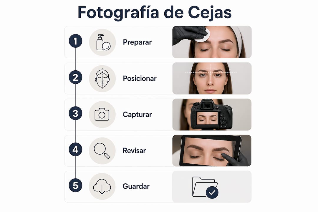 Guía visual con los pasos clave para tomar fotografías de cejas durante una consulta estética