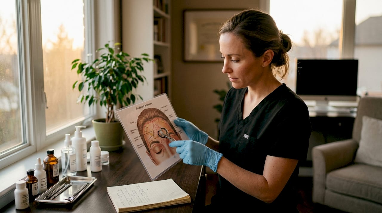 Manos de un dermatólogo mostrando un esquema de cejas
