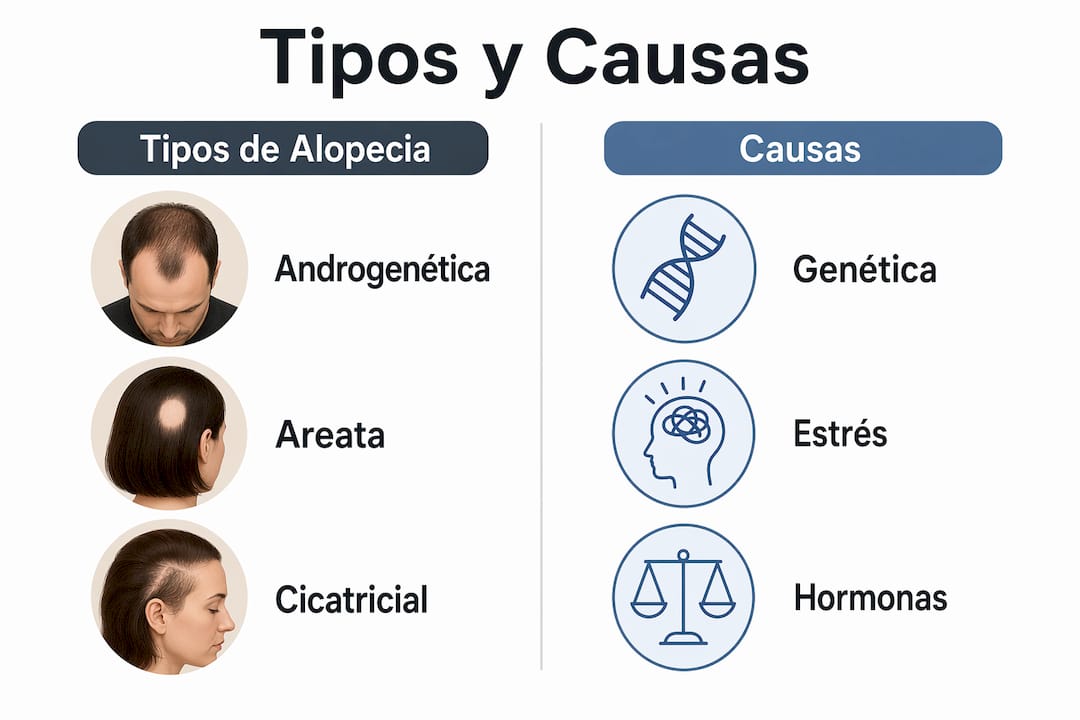 Infografía que muestra las diferentes formas de caída del cabello y sus principales causas