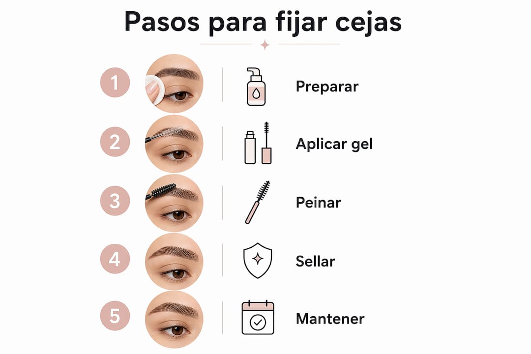 Guía visual con los pasos clave para lograr unas cejas perfectamente fijadas y de larga duración