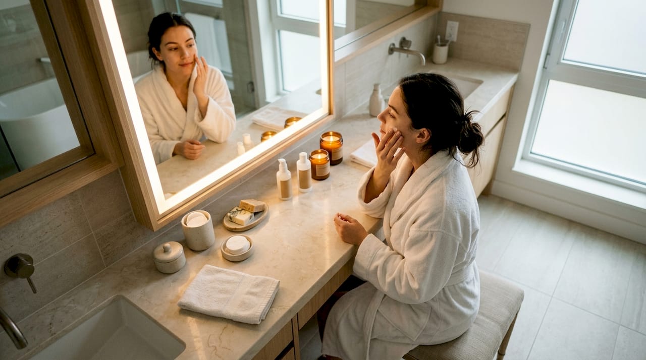 Mujer cuidando su piel al aplicarse crema tras un tratamiento de microneedling