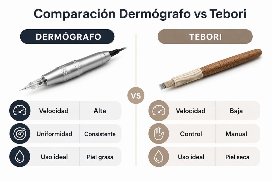 Infografía: diferencias clave entre el uso de dermógrafo y tebori en la micropigmentación
