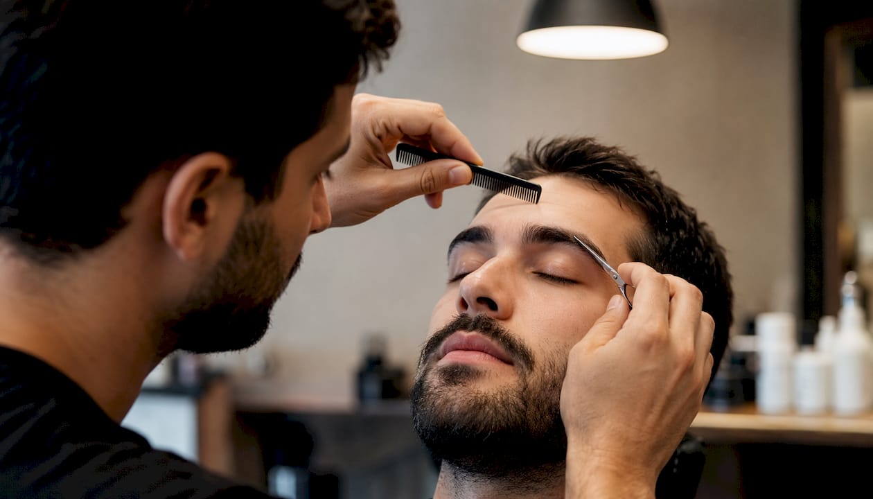 Detalle de unas cejas de hombre perfectamente arregladas con tijeras