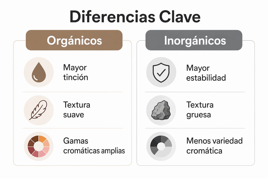 Infografía que muestra las diferencias clave entre pigmentos orgánicos y pigmentos inorgánicos