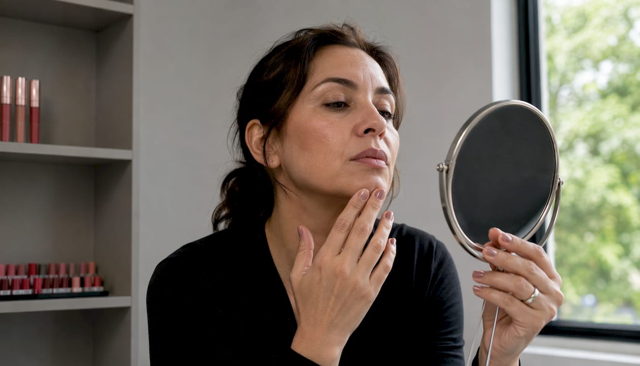 Mujer observando si sus labios han cambiado de color