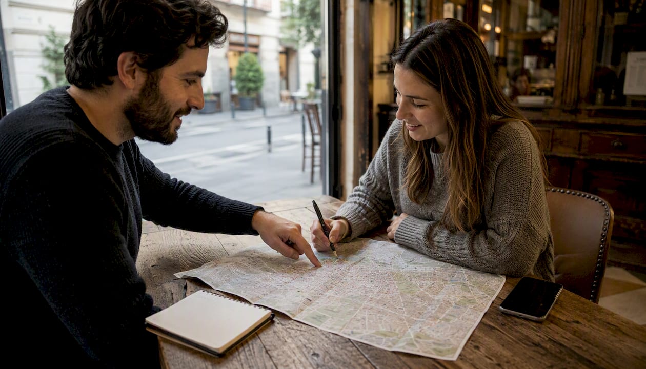 Manos indicando diferentes clínicas de estética en un mapa