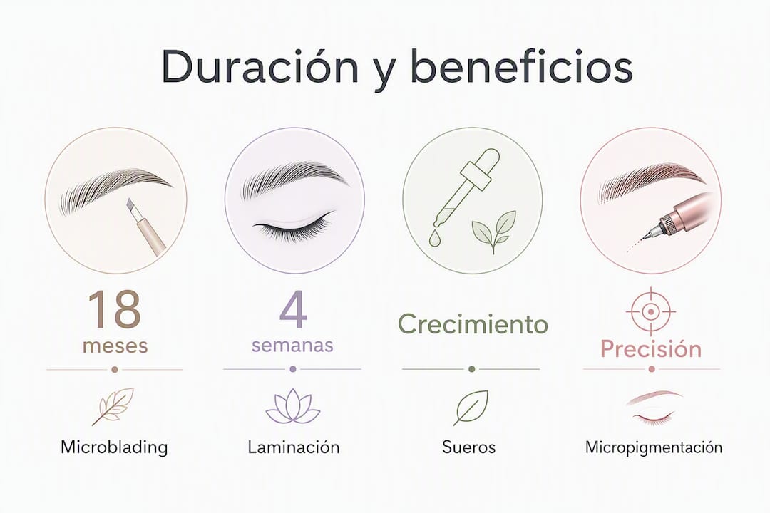 Infografía con información sobre cuánto duran y qué ventajas ofrecen los diferentes tratamientos para cejas