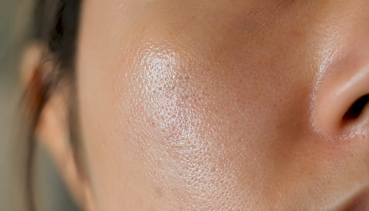 Detalle de un rostro con piel brillante y poros visiblemente abiertos