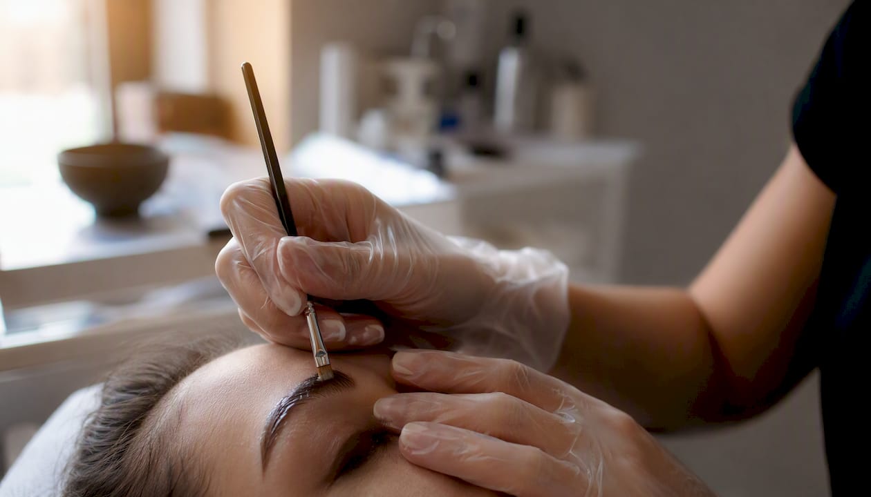 Especialista realizando un laminado de cejas
