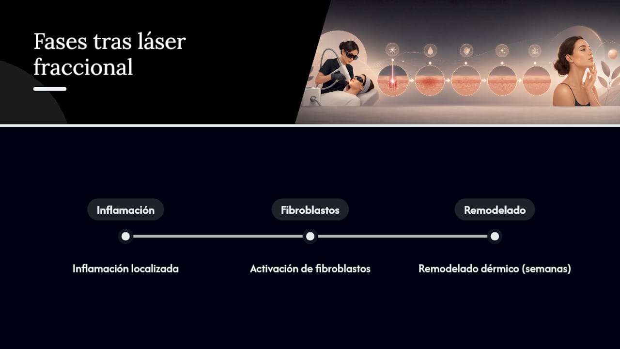 Esquema de las distintas etapas de recuperación de la piel tras un tratamiento con láser fraccional