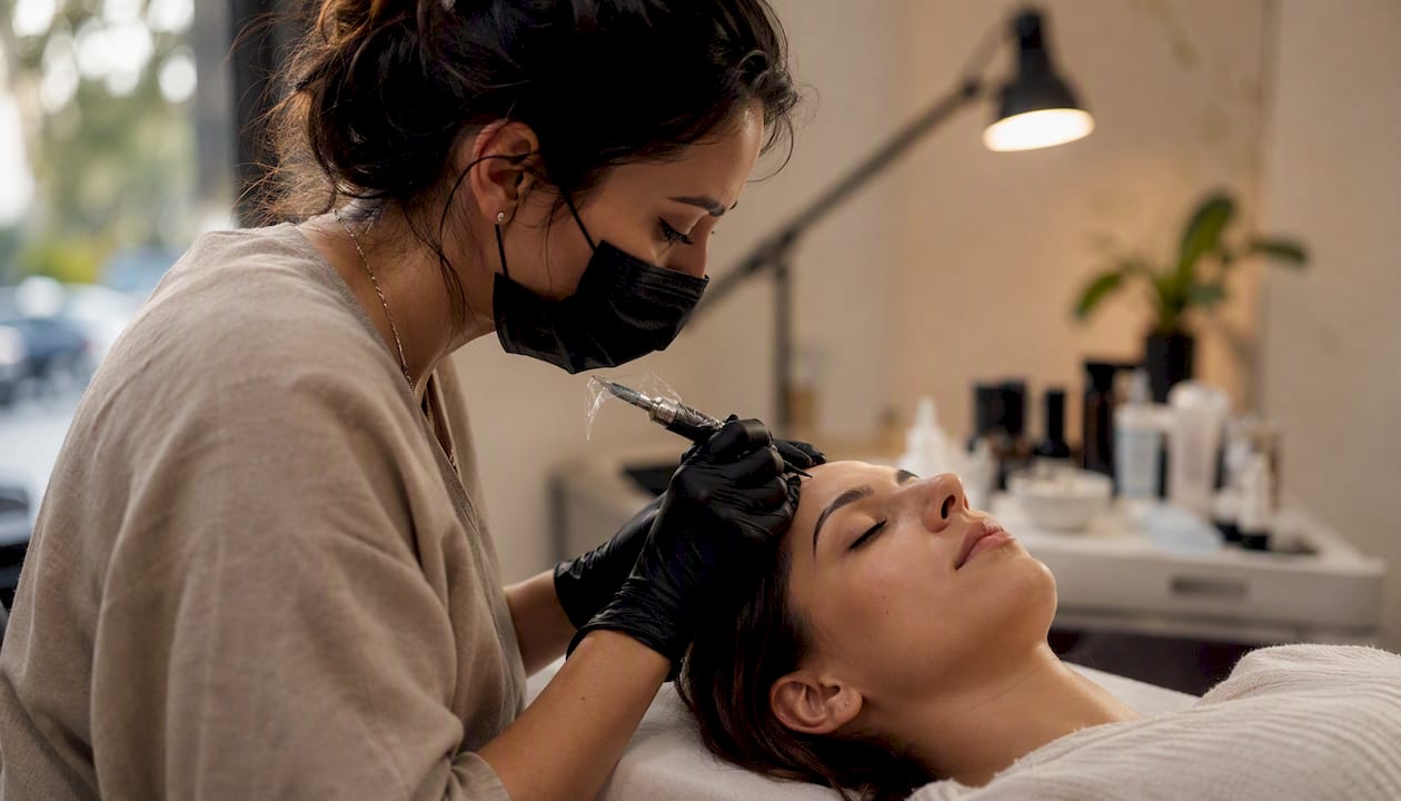 Primer plano del procedimiento de microblading en una ceja