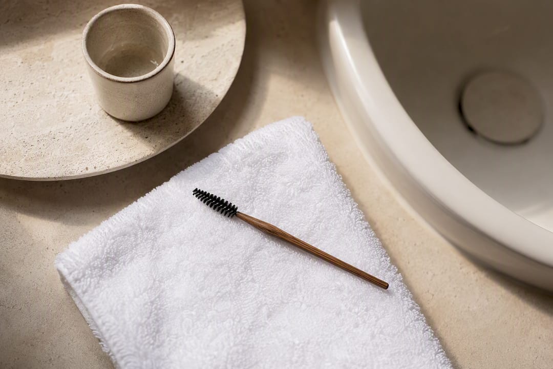 Cepillo limpio de cejas sobre una toalla seca